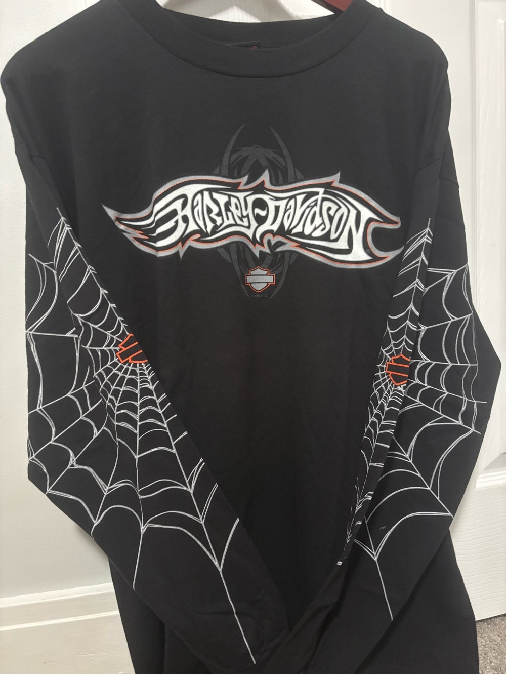 Vintage Authentic 2003 Harley-Davidson Black Long Sleeve Spider Web Graphic Tee